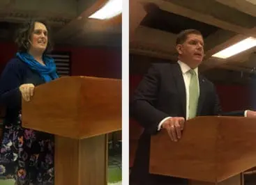 Side by side photos of TAC's Ashley Mann-McLellan and Boston Mayor Marty Walsh, speaking at a lectern