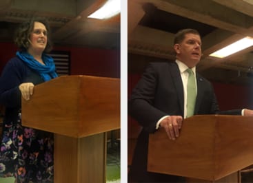 Side by side photos of TAC's Ashley Mann-McLellan and Boston Mayor Marty Walsh, speaking at a lectern