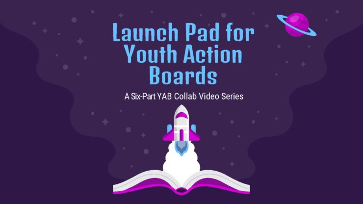 Title slide for video series, "Launch Pad for Youth Action Boards," with a cartoon rocket blasting off toward a cartoon planet