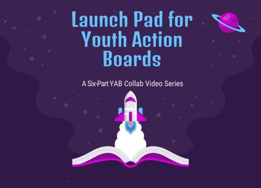 Launch Pad for Youth Action Boards promo image with rocket ship blasting out of a book