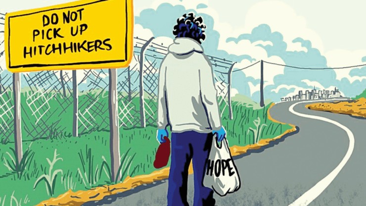 Image of Homeless Man with Bag of Hope. Reading a Sign that reads Do not Pick up Hitchhikers