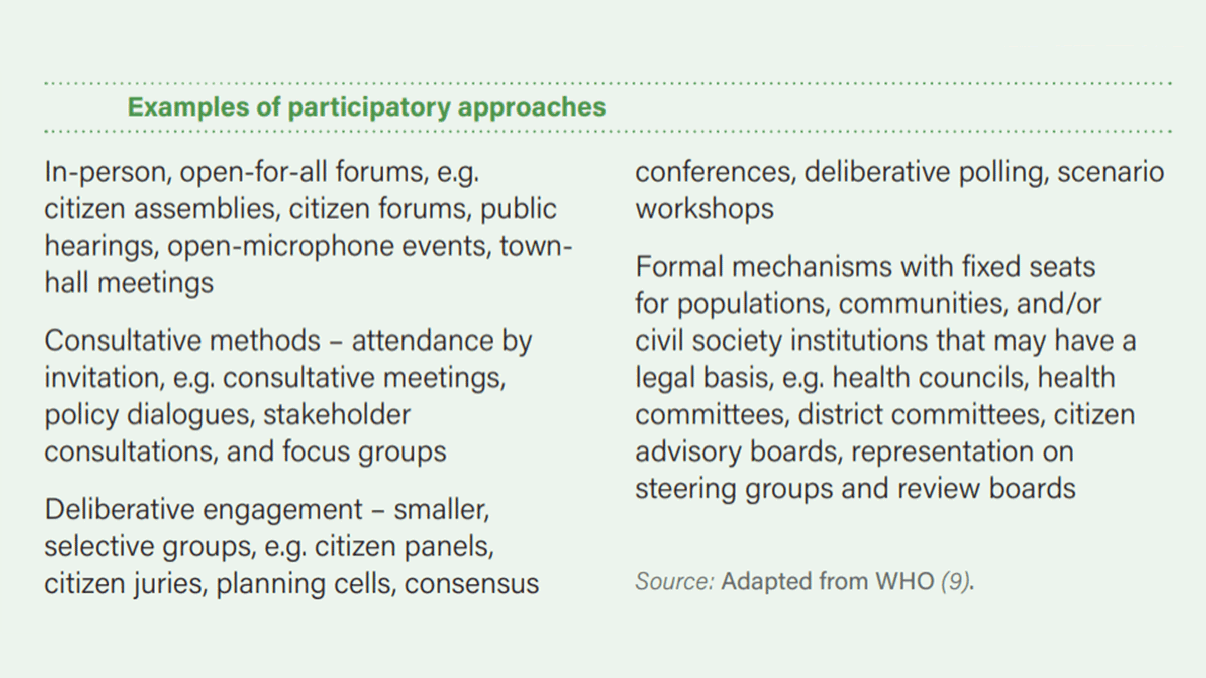 This infographic summarizes how the key features of a stakeholder engagement campaign would be approached in each of three frameworks: Tokenism, Engagement, or Partnership.