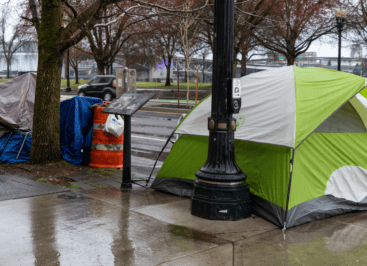 A line of homelessness tents crossing a tree-lined street on a rainy day in some metropolitan city park.