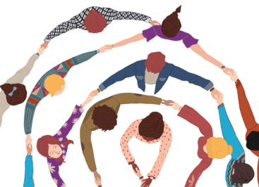 Colorful representation of diverse people, seen from above - they are standing in concentric circles, with their arms outstretched to reach each other and form circles of embrace