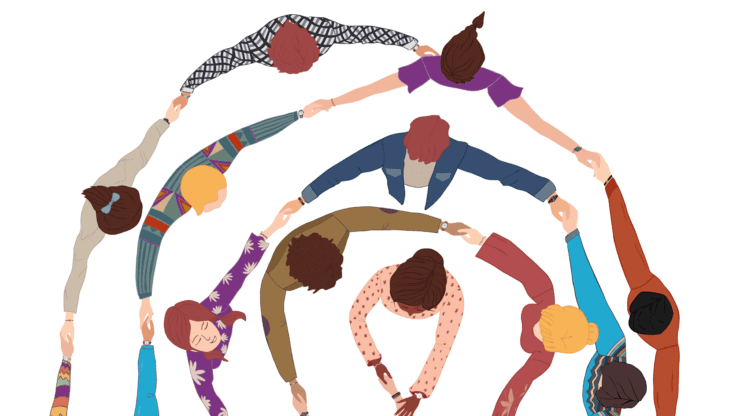 Colorful representation of diverse people, seen from above - they are standing in concentric circles, with their arms outstretched to reach each other and form circles of embrace