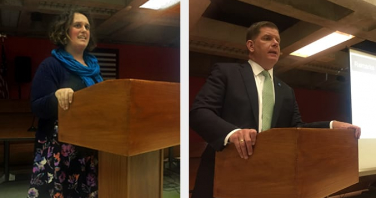 Side by side photos of TAC's Ashley Mann-McLellan and Boston Mayor Marty Walsh, speaking at a lectern
