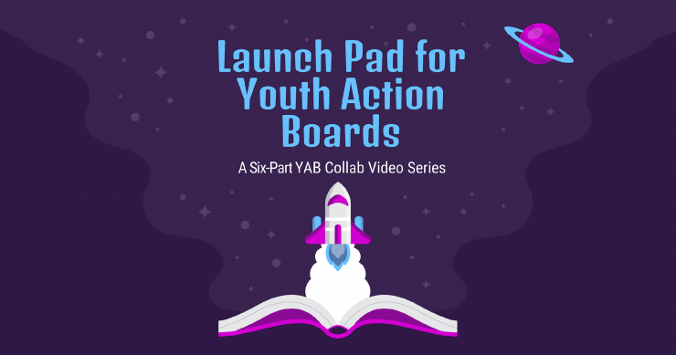 Title slide for "Launch Pad for Youth Action Boards" video series, with cartoon style illustrations of a rocketship and a planet